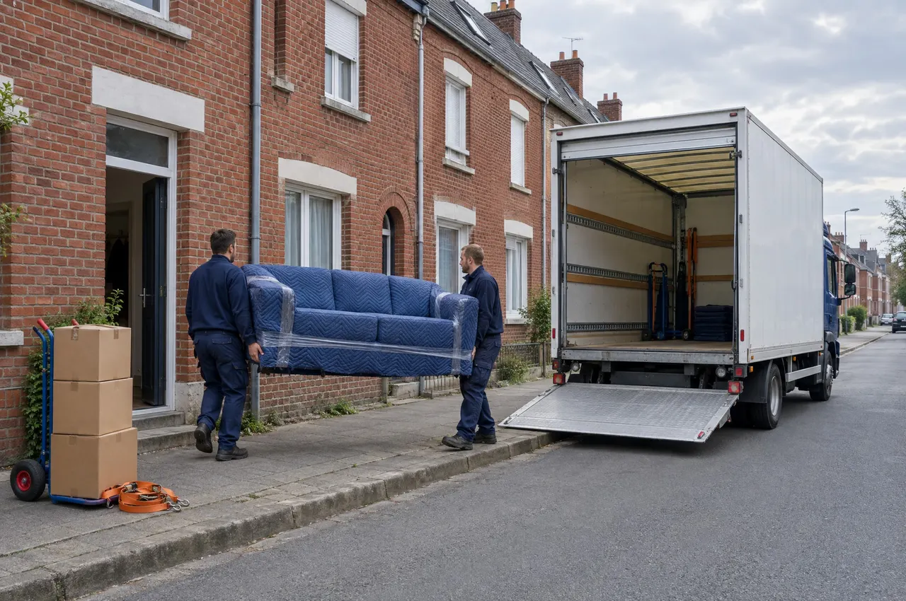 Deux déménageurs en tenue bleu marine sortent un canapé emballé dans des couvertures bleues d’une maison de ville en briques rouges, devant un camion blanc à cabine bleue, hayon baissé