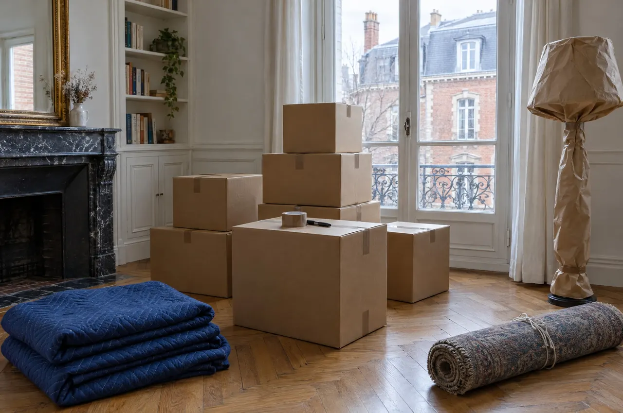 Salon d’une maison de ville la veille d’un déménagement : cartons fermés, couvertures bleues pliées, lampadaire emballé de papier kraft
