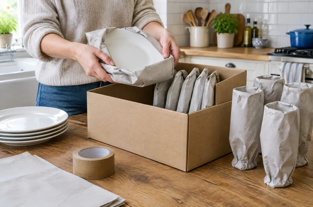 Des mains emballent des assiettes dans du papier gris et les rangent debout dans un carton, verres emballés à côté