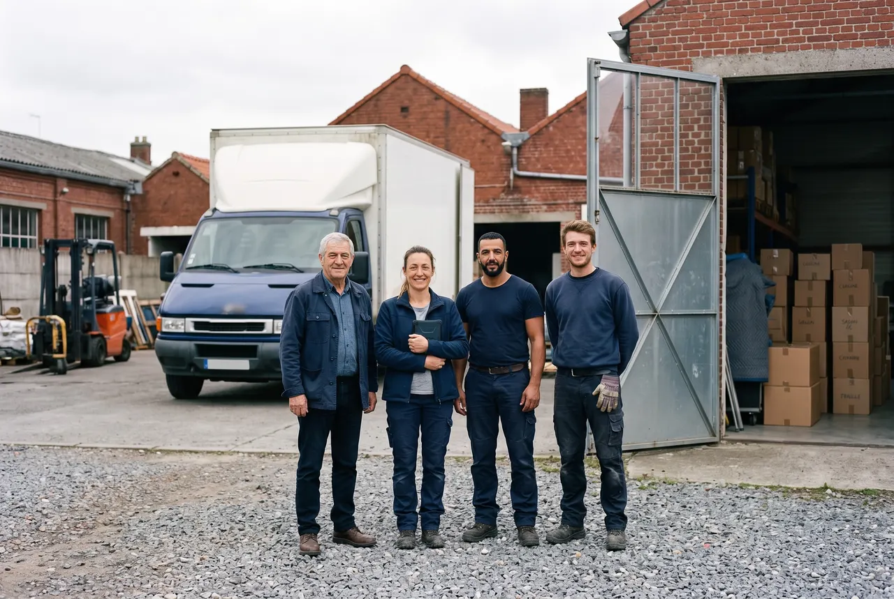 Bernard, Julie, Karim et Lucas devant un camion de déménagement blanc à cabine bleue, dans la cour de l’entrepôt de briques