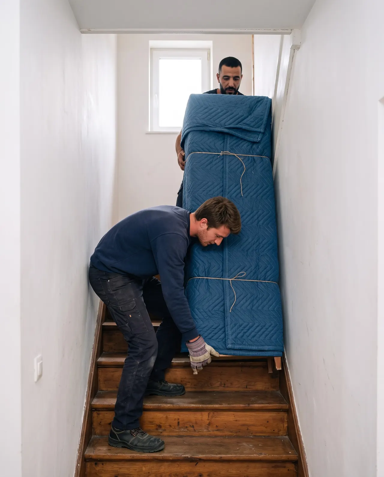Karim et Lucas descendent une armoire emballée dans des couvertures bleues par l’escalier étroit d’une maison de briques