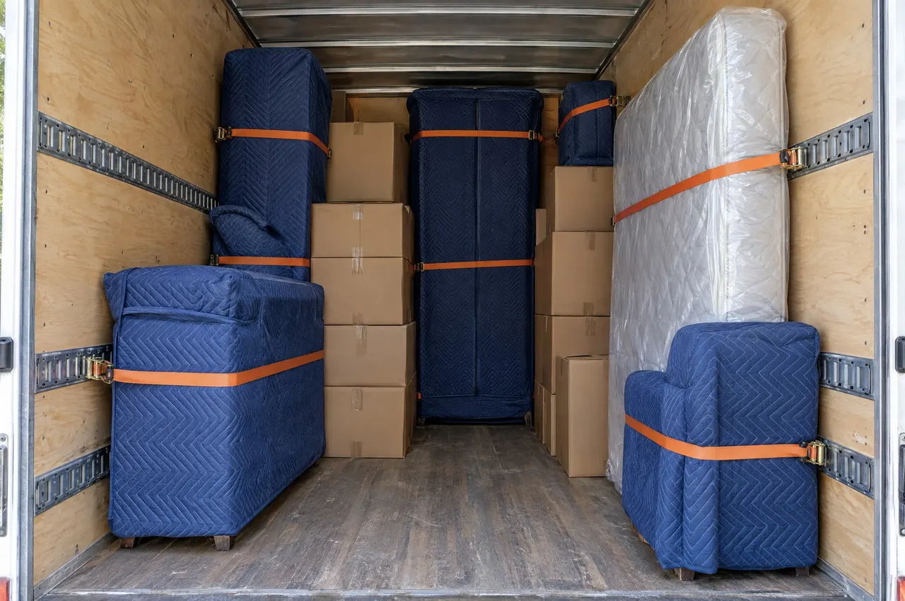 Intérieur d’un camion chargé : meubles sous couvertures bleues sanglés aux parois de contreplaqué, cartons empilés, matelas sous housse
