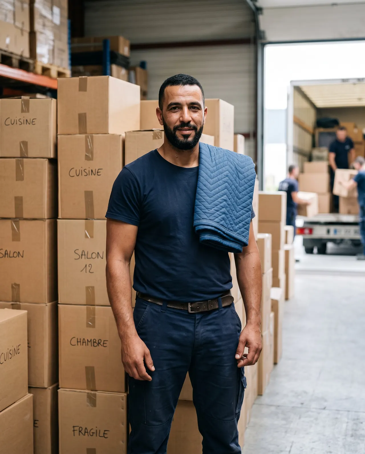 Karim Amrani, barbe taillée, une couverture de déménagement bleue sur l’épaule, devant des cartons empilés