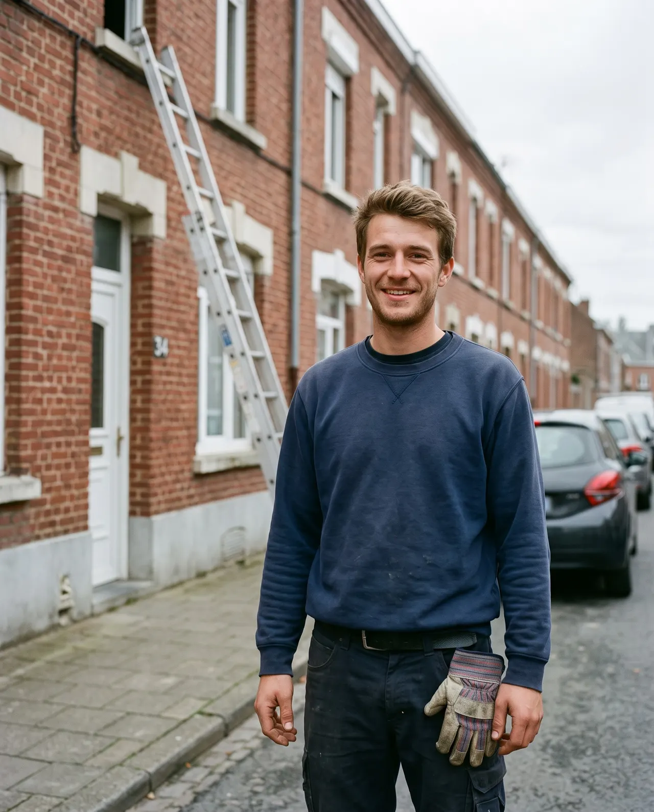 Lucas Verhaeghe, sweat bleu marine, des gants de travail dans la poche, dans une rue de maisons de briques